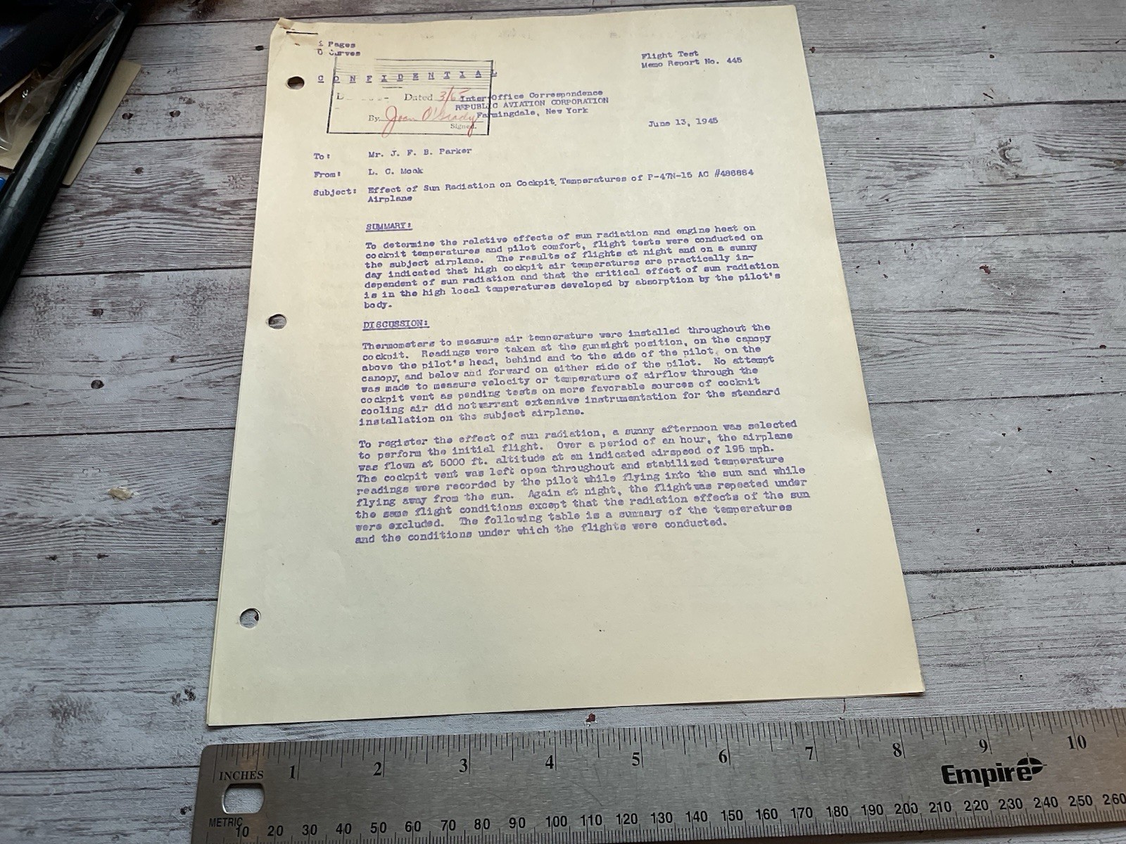 ORIG WWII REPUBLIC AVIATION FLIGHT TEST REPORT COCKPIT TEMP P-47N AIRCRAFT