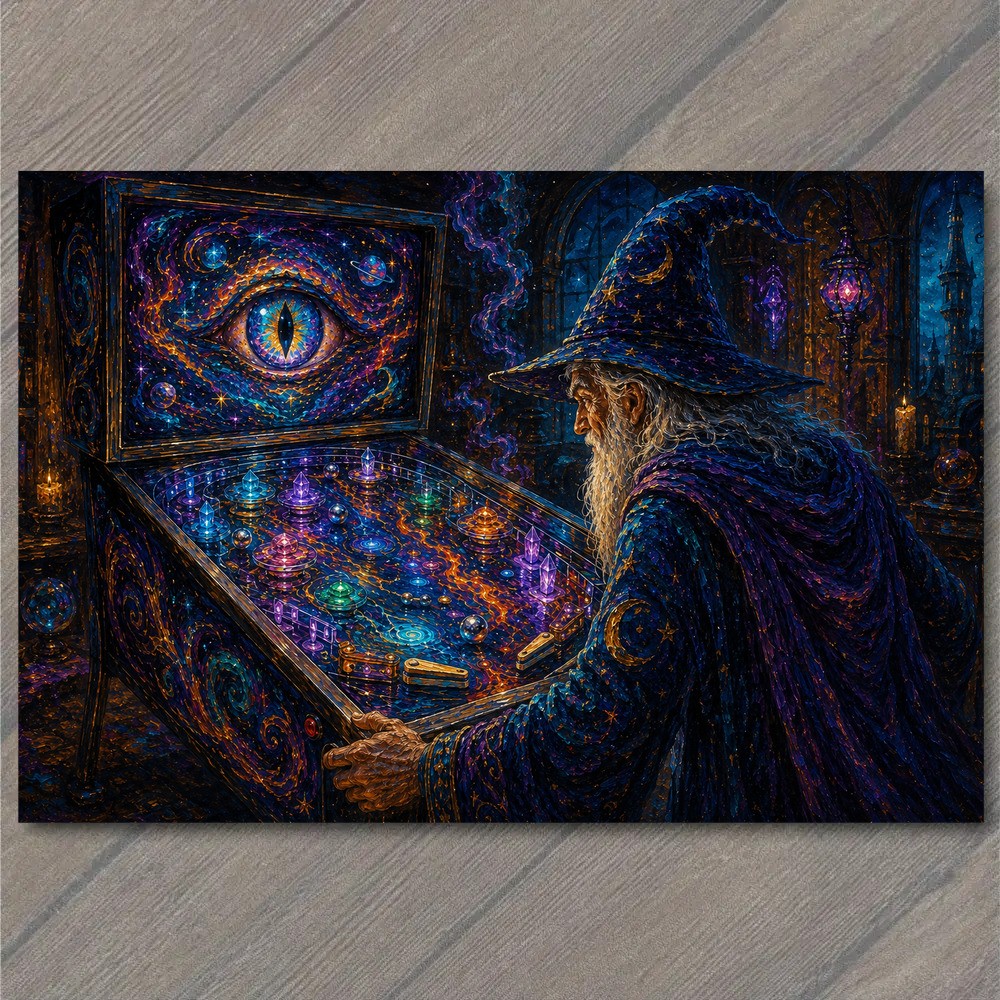 POSTCARD Wizard Pinball Cosmic Eye Arcade Crystals Stars Magic Night Fantasy