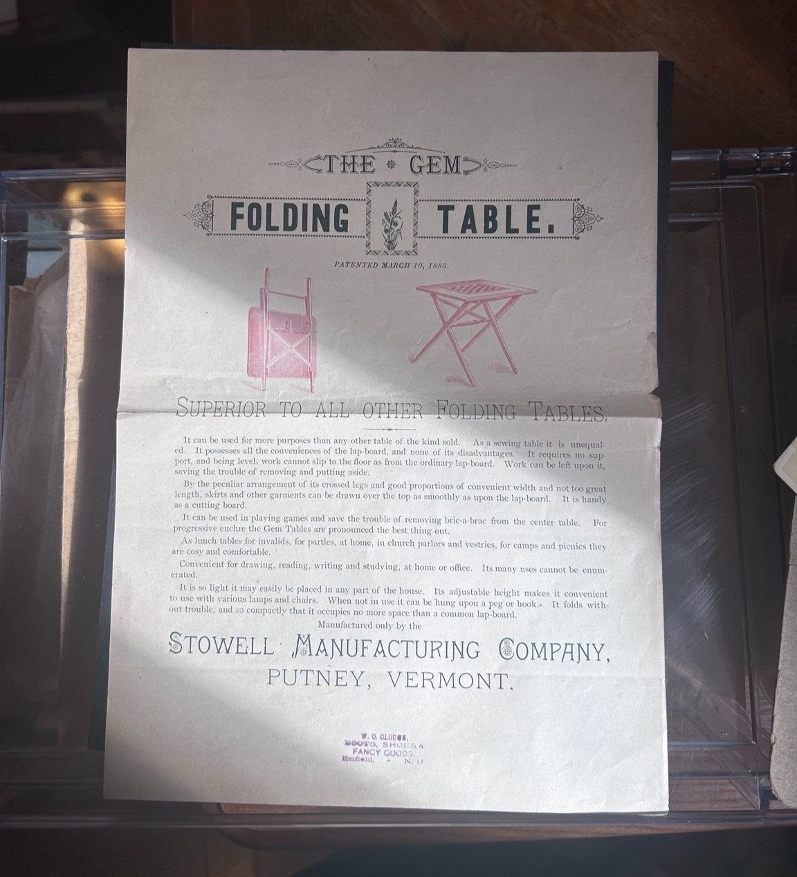 Antique 1885 Gem Folding Table Advertising Broadside Putney Vermont VT
