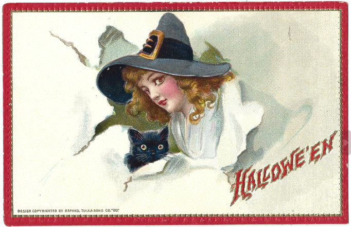 Antique Tuck\'s Halloween Postcard Young Witch Black Cat 174 Series Unposted