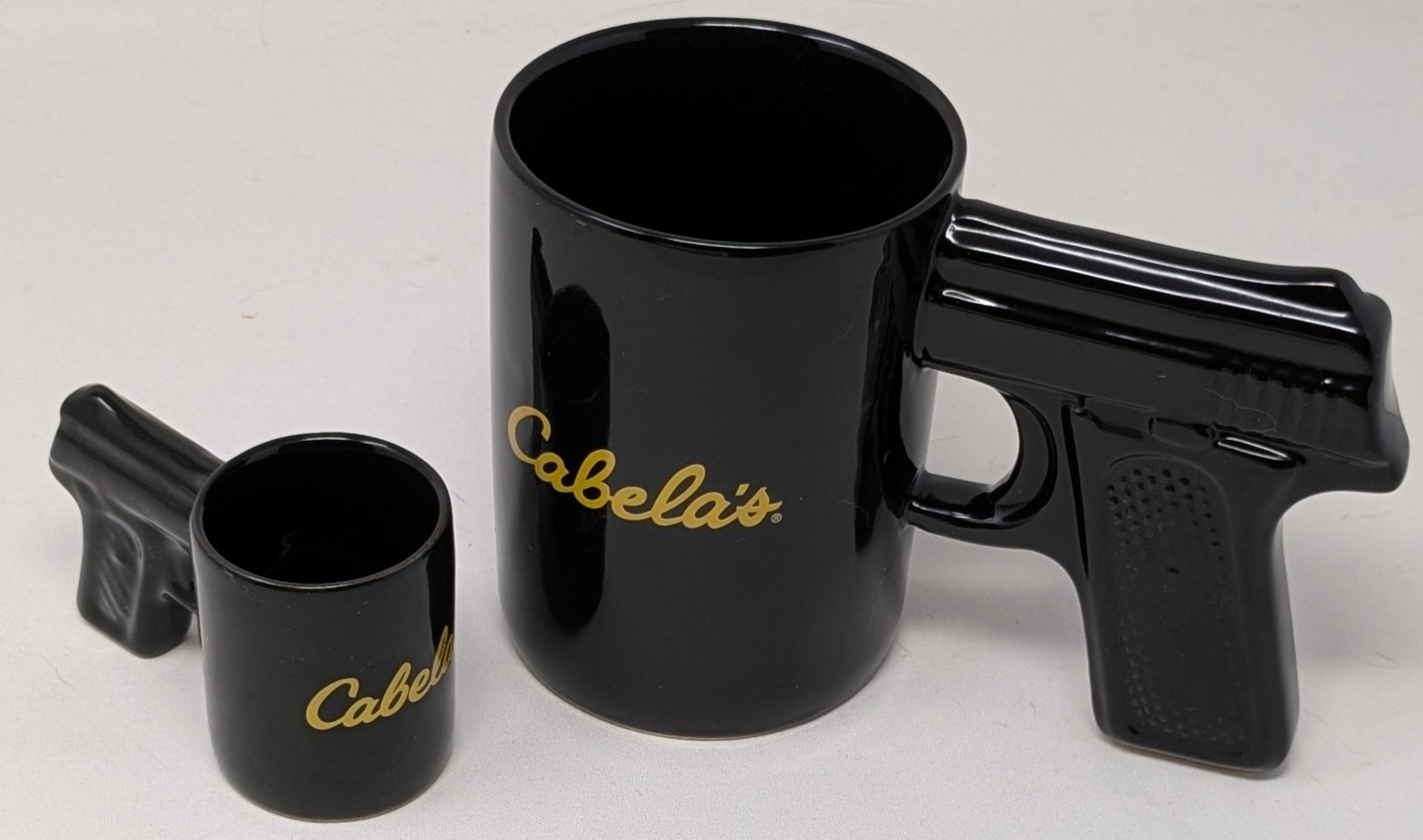 Cabela’s Pistol Grip Black Coffee Mug Pair Hand Gun Handle 16 oz & 2 oz Lot