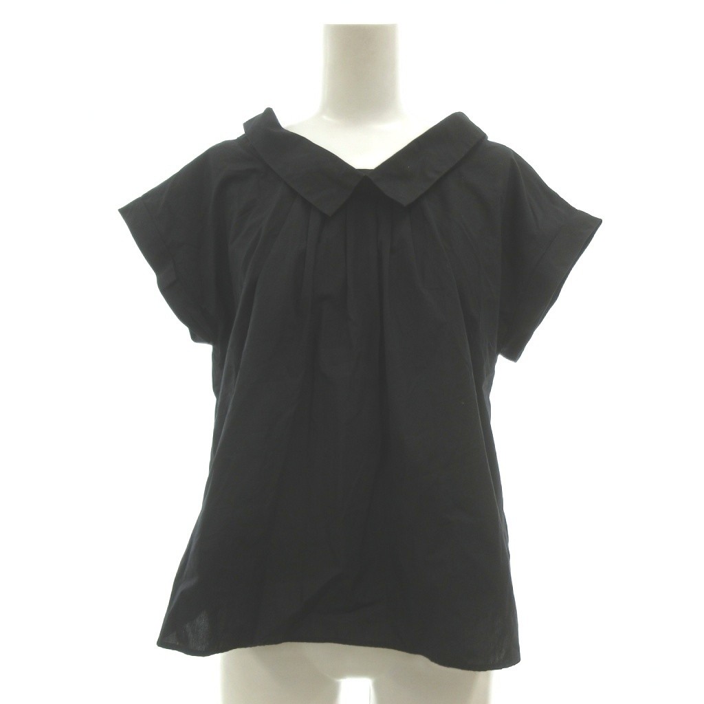 Ray Beams Short Sleeve Blouse V Neck Tuck Design French Sleeve Black /OB
