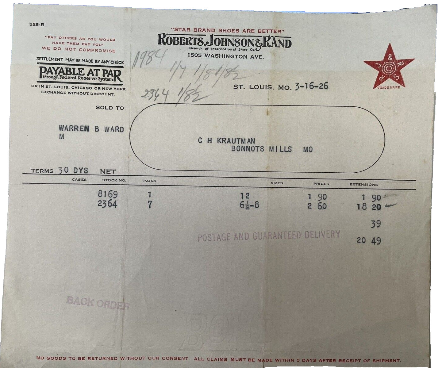 1926 Roberts Johnson & Rand Billhead Vtg Shoe Star Brand Logo St Louis MO