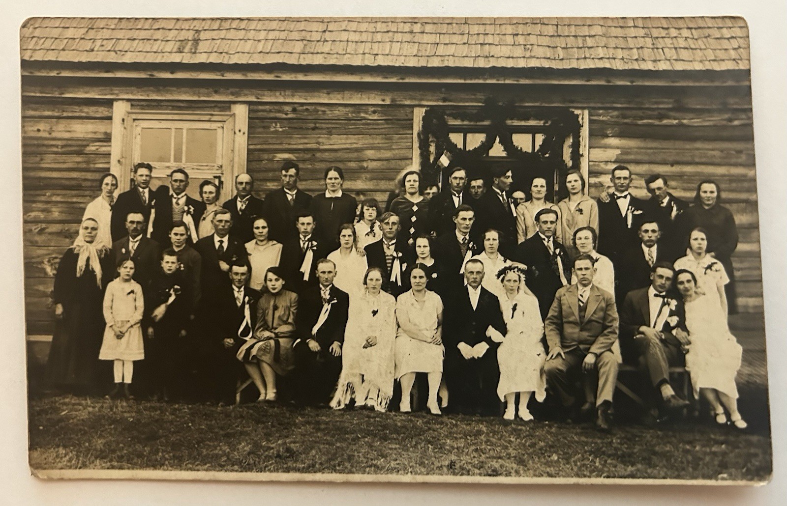 Antique RPPC Large Wedding Party Group Portrait Outside Log Building Real Photo