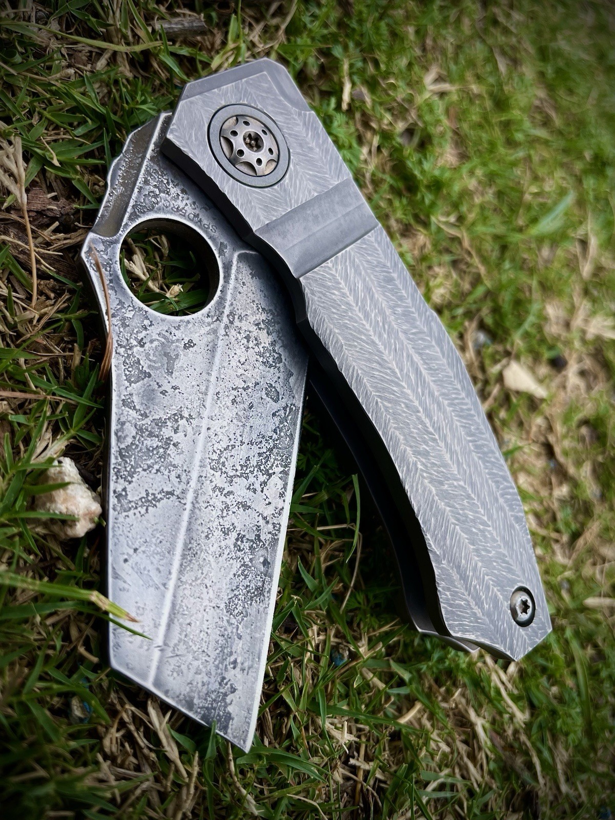 CUSTOM Spyderco “WarTorn” Stovepipe-Reshaped Multi Etched 20CV, Hand Textured Ti