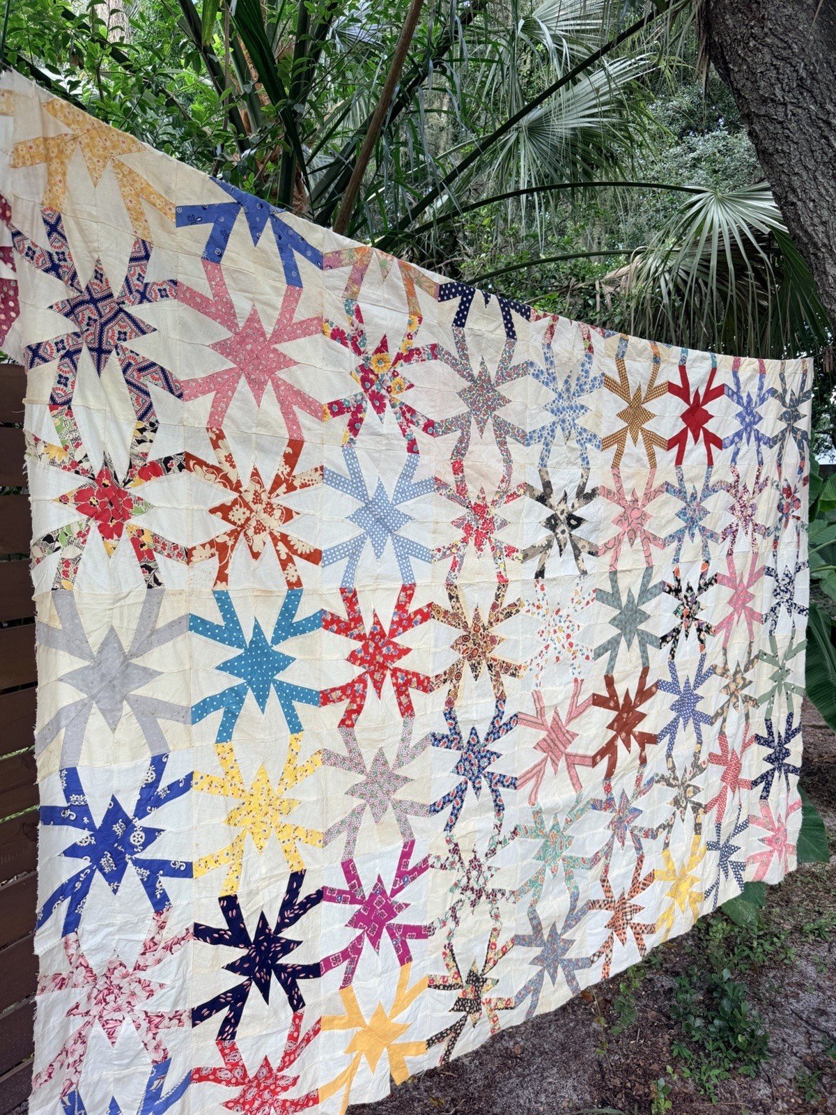 Antique Handmade Spider Web Quilt Top 1930s Feed Sack Cotton 88x80 Starburst Art