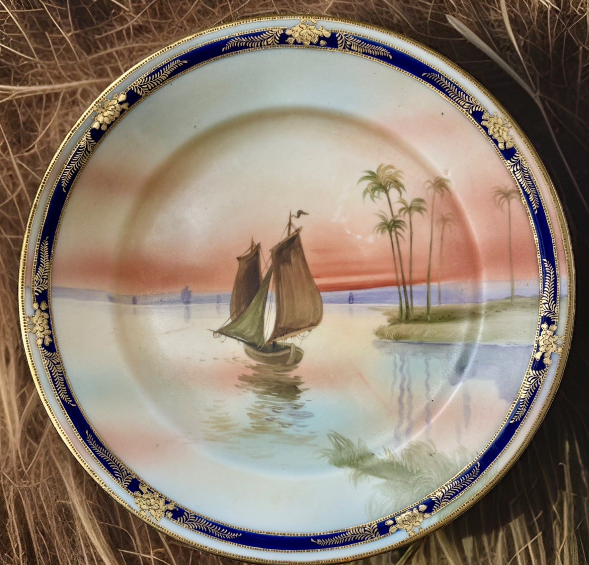 Antique Noritake Nippon Hand Painted Sailboat  Egyptian plate plaque 10” d