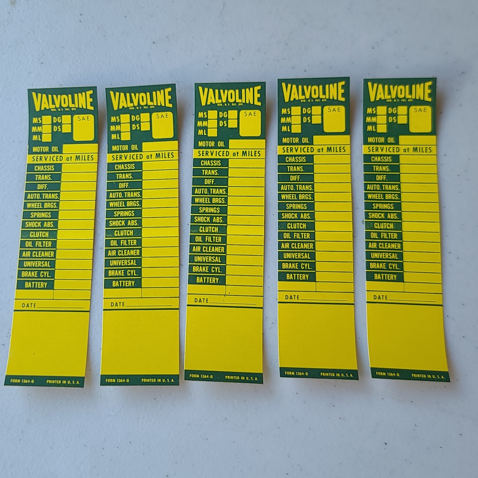 1954 VALVOLINE vtg DOOR JAMB OIL CHANGE REMINDER STICKER DECAL . lot /5 MINT  