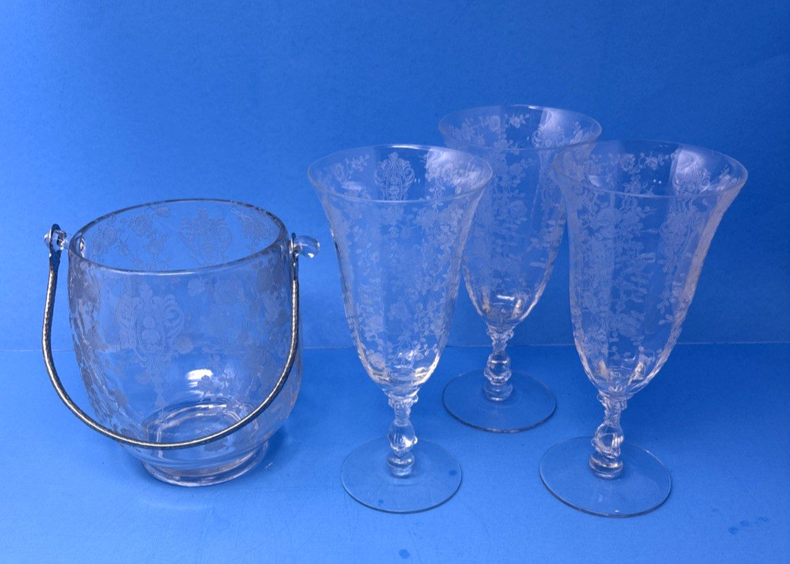 Vintage Cambridge ROSE POINT Ice Bucket W/ 3 Iced Tea Goblets 1042-52 SMALL FLAW