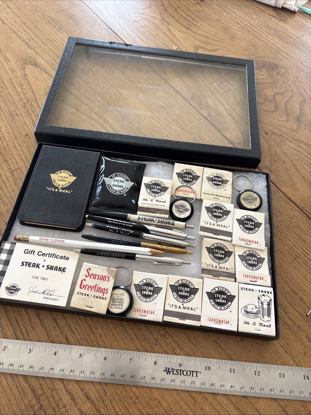 Vintage Steak N Shake Advertising Collection Keychain Matchbook Pens