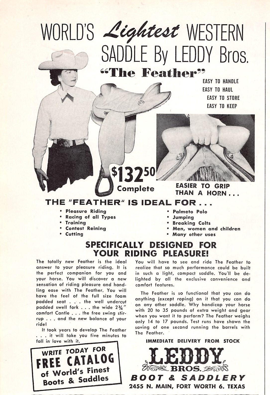 Leddy Bros Boot & Saddlery World\'s Lightest Western Saddle Vtg Magazine Print Ad