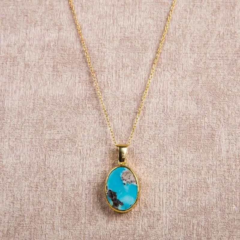 Oval Cut Blue Turquoise Firoza Gemstone Pendant Necklace 14K Yellow Gold Plated