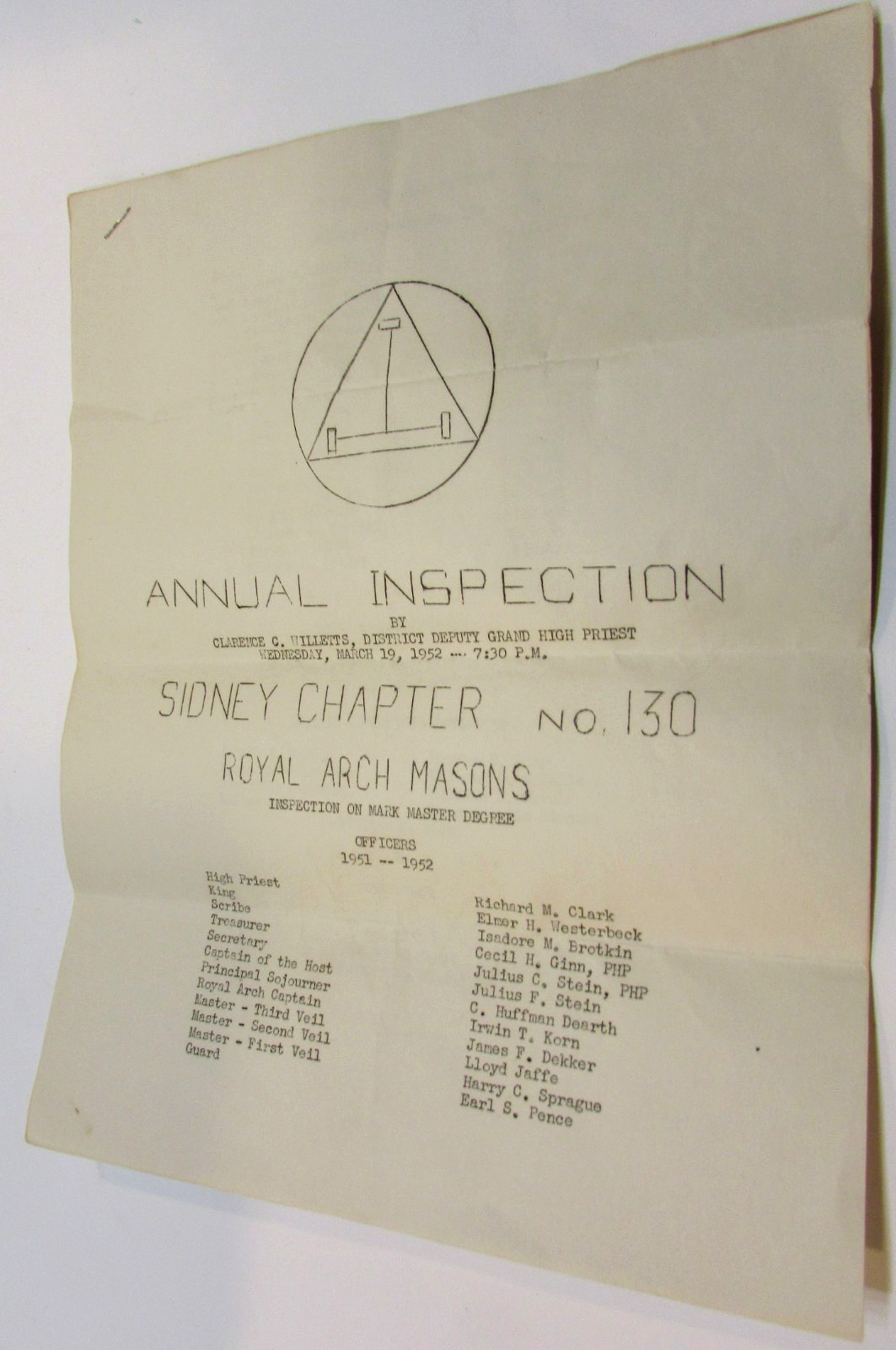Old 1952 Royal Arch Masons Sidney OH Chapter 130 Annual Inspection Master Degree