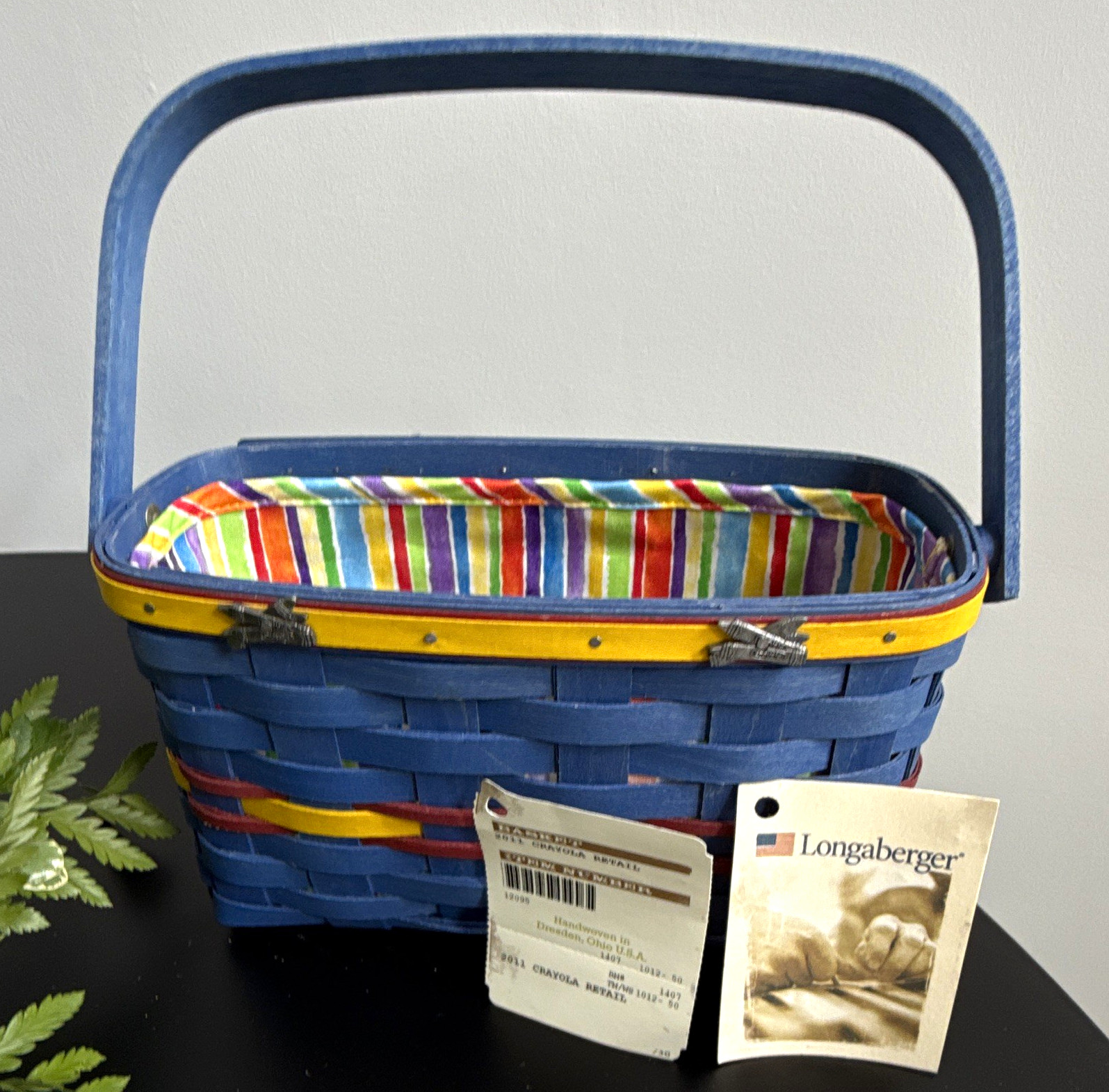 Longaberger 1991 Small Blue Woven Storage Basket w/ Handle & Liner, Tags
