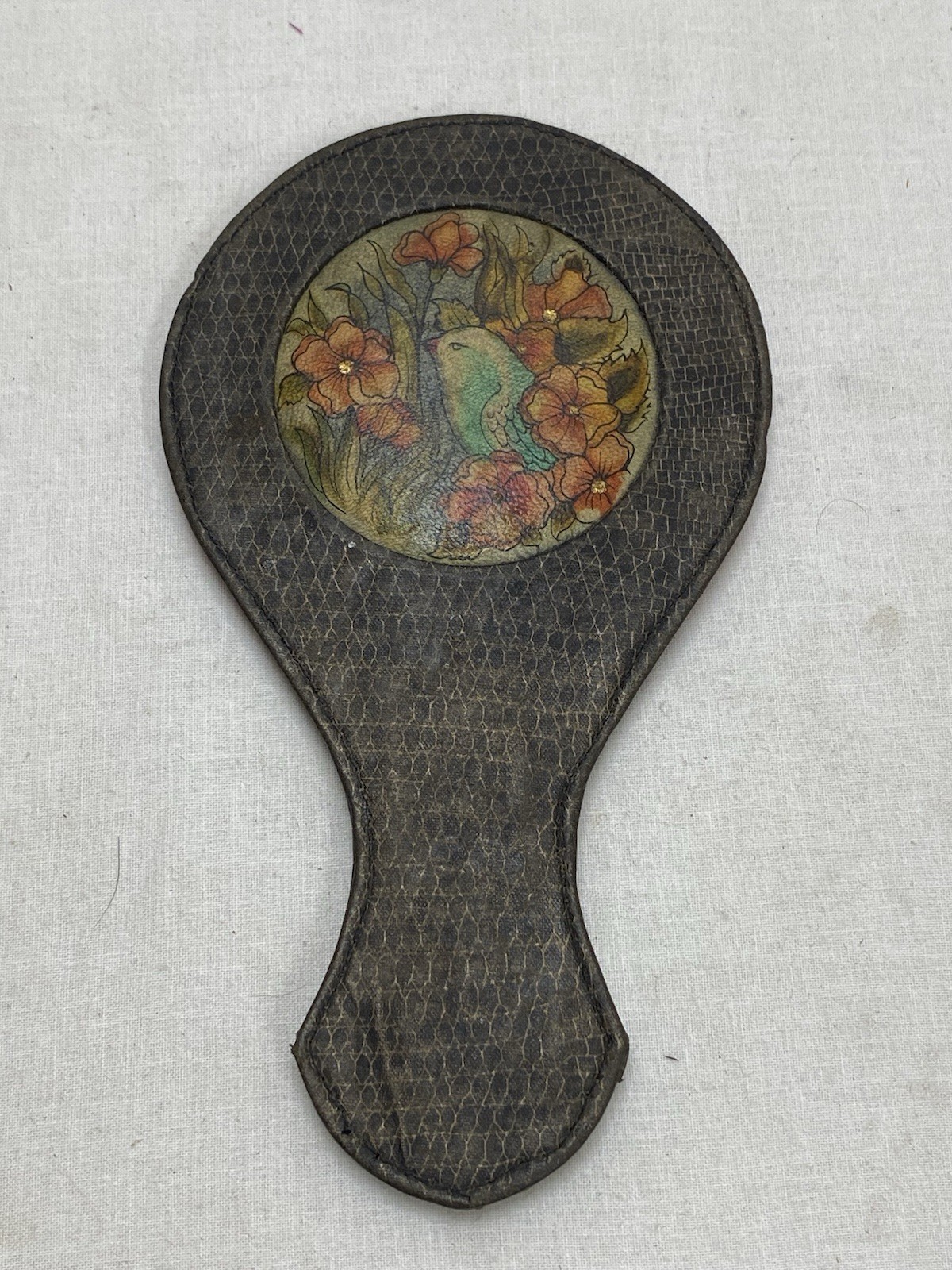 Vintage 7” Faux Leather Material Handle Felt Rim Round Hand Held Mirror Bird