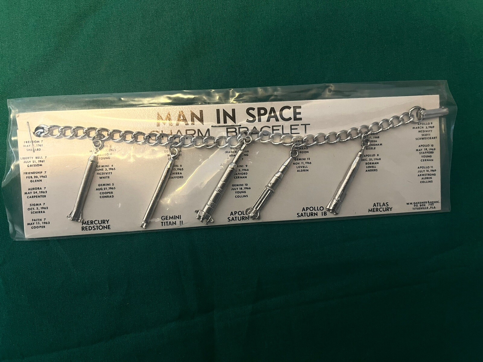 Vintage 1960's  Man In space NASA Saturn V Apollo Mercury Atlas Charm Bracelet