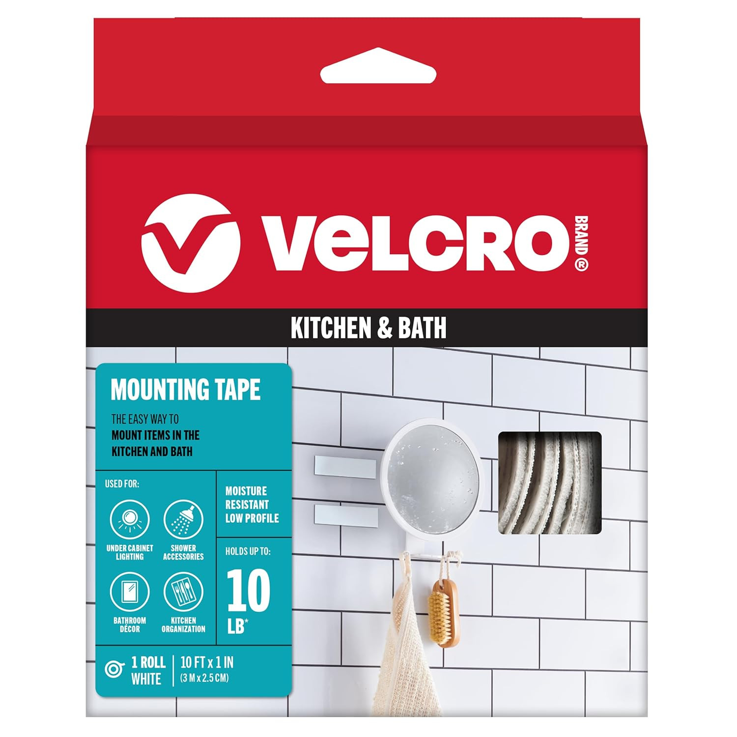 VELCRO Brand Kitchen and Bath Mounting Tape. Moisture Resistant Thin Design for