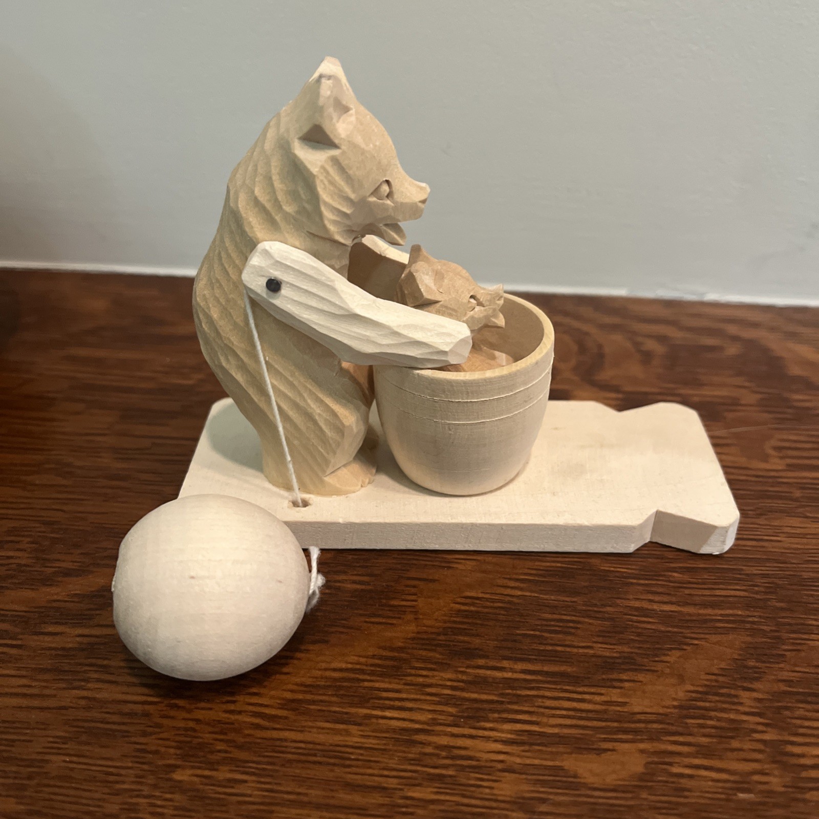 Vtg Russian Bogorodskoye Carved Wood Bear w/ Cub Pendulum Toy Works Made In USSR