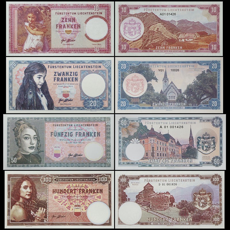 Liechtenstein Set 4 Pcs, 10 20 50 100, 2018-2020 Fantasy Note, Beautiful Girl