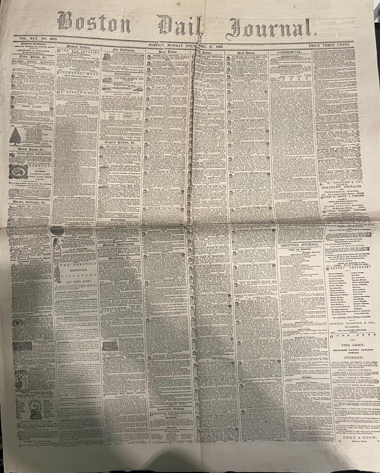 Cvil War Newspaper 1863 Boston Daily Journal