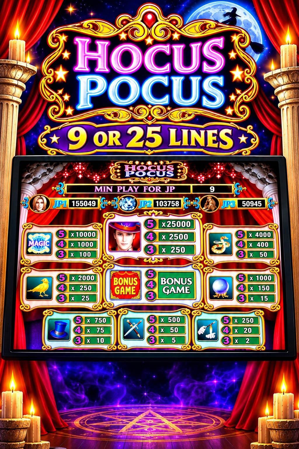 HOCUS POCUS By IGS Cherry Master VGA 9 Or 25 Line 8 Liner Game Board