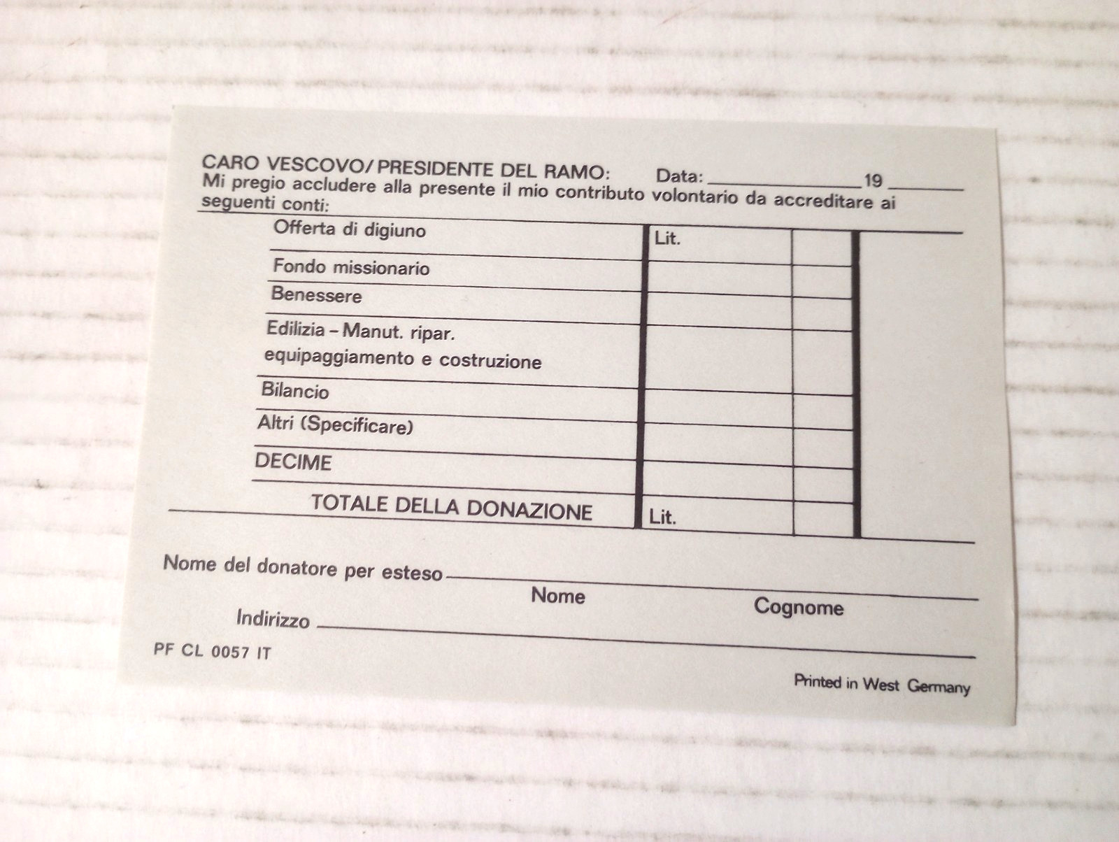 Donation Tithing Fast Offering Slip Italian LDS Mormon 1980s