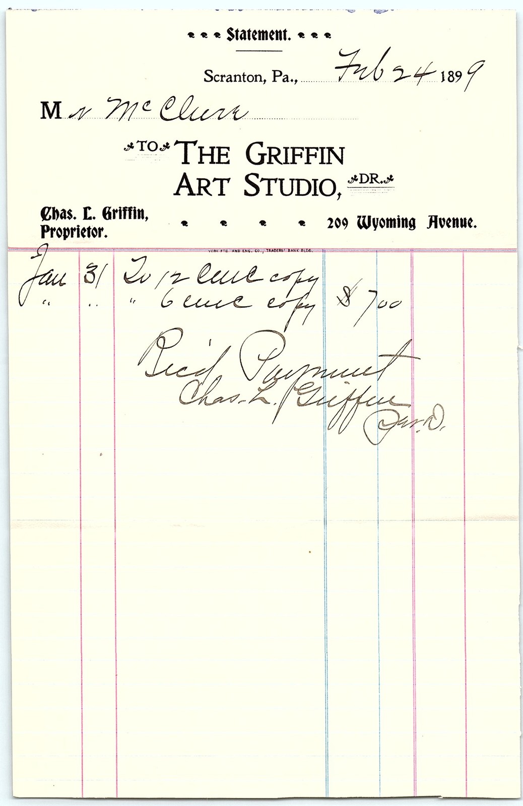 Vintage 1899 Griffin Art Studio Billhead, Scranton, PA
