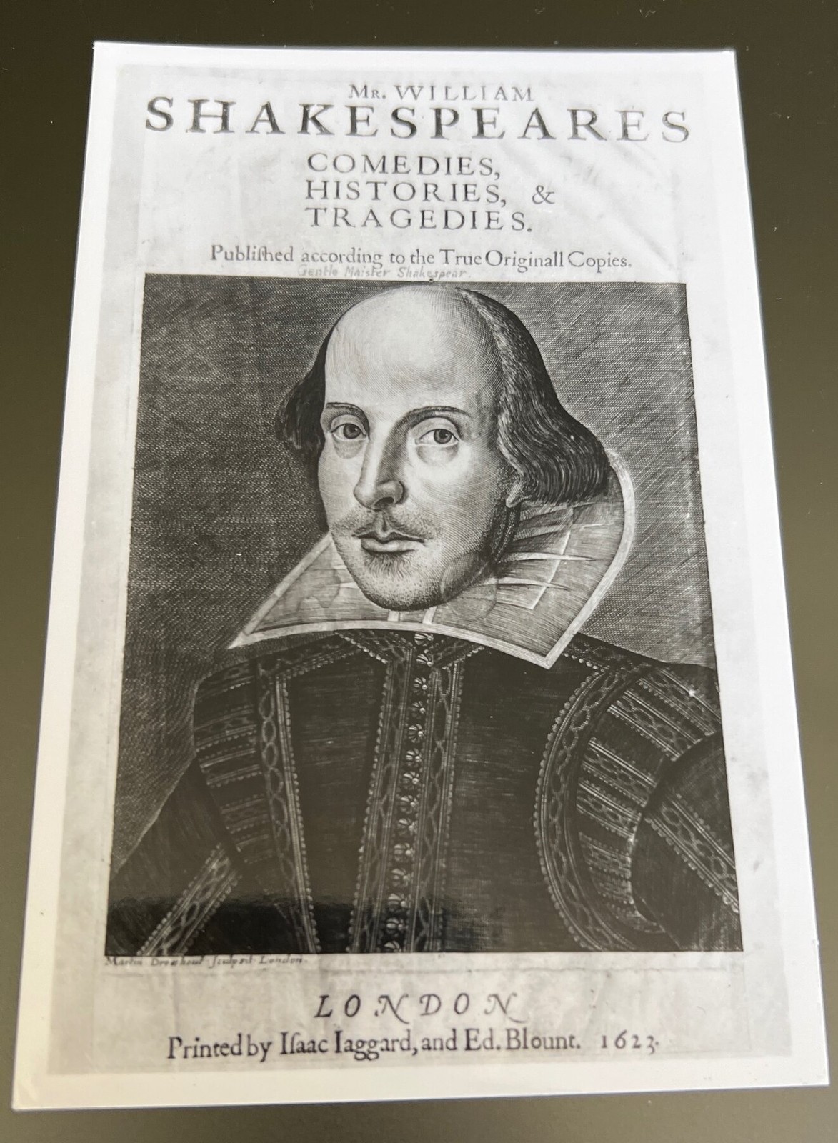 Postcard Shakespeare First Folio 1623 Title Page RPPC Jarrold Martin Droeshout