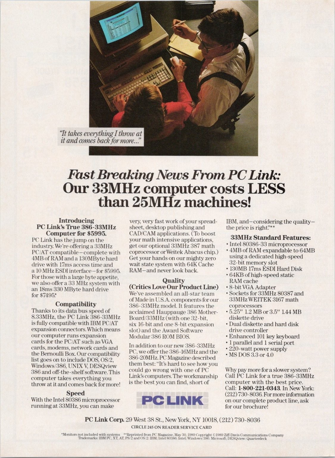 PC Link True 386-33MHz Computer Vintage 1989 Magazine Ad Full Page