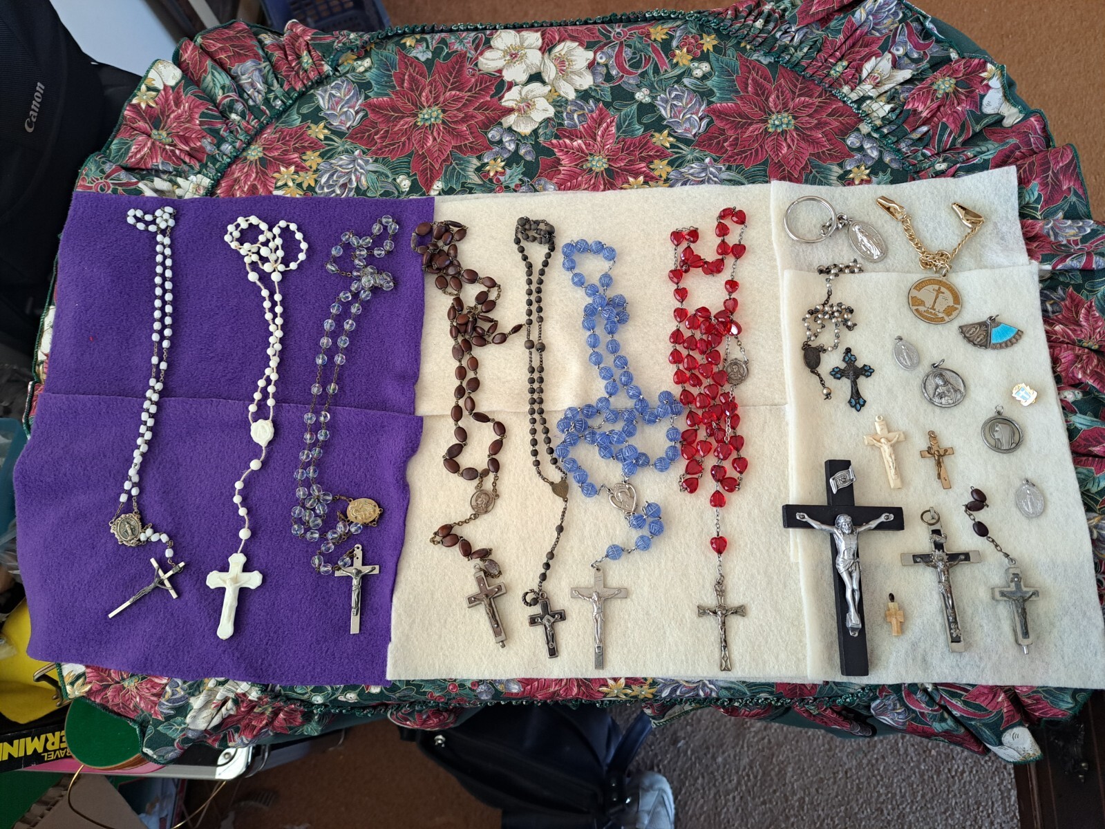 Catholic Vintage Grouping Of Long 9 Rosaries & Several Crosses & Medallions
