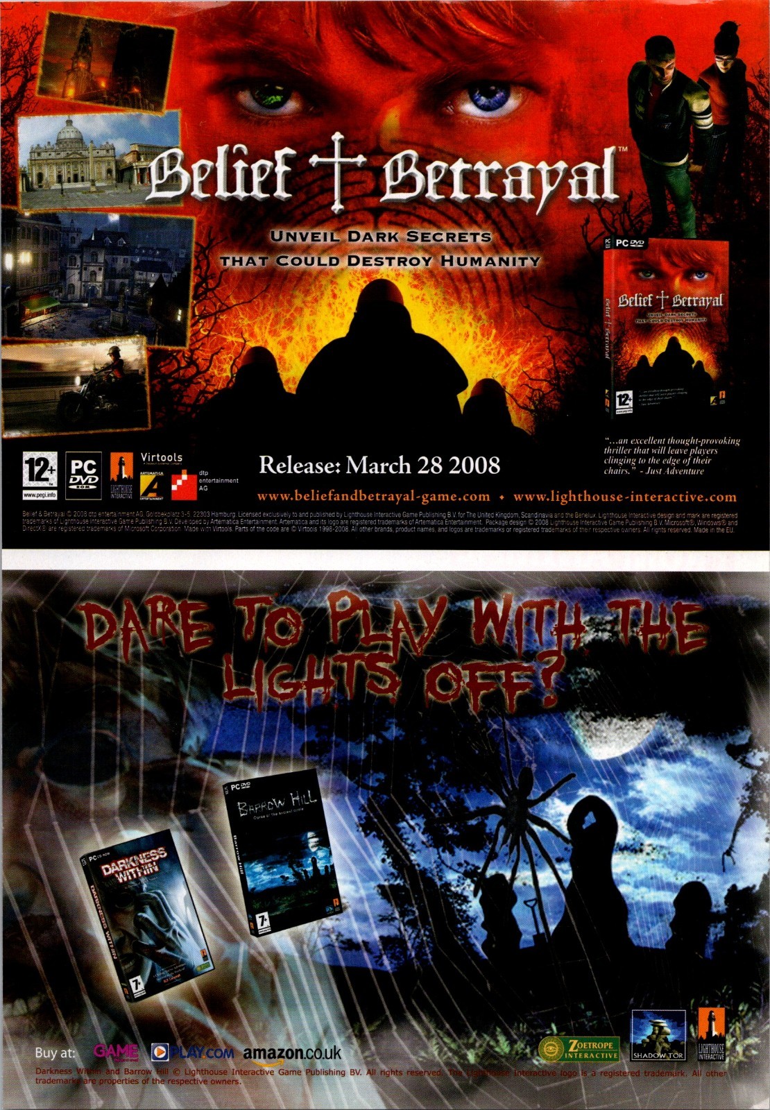 2008 • Belief and Betrayal  • RARE UK Print Ad • 8.5 X 12  • ADV-OS