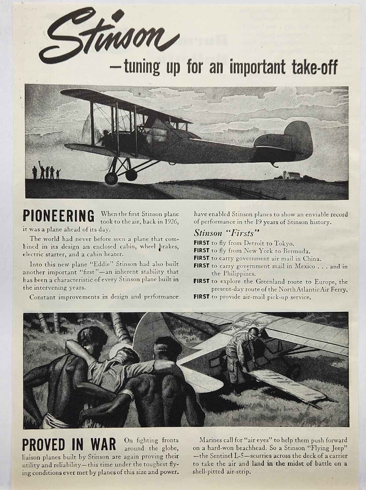 1945 Stinson Airplane Flying Jeep Sentinel L-5 Original WWII Era Print Ad Life 