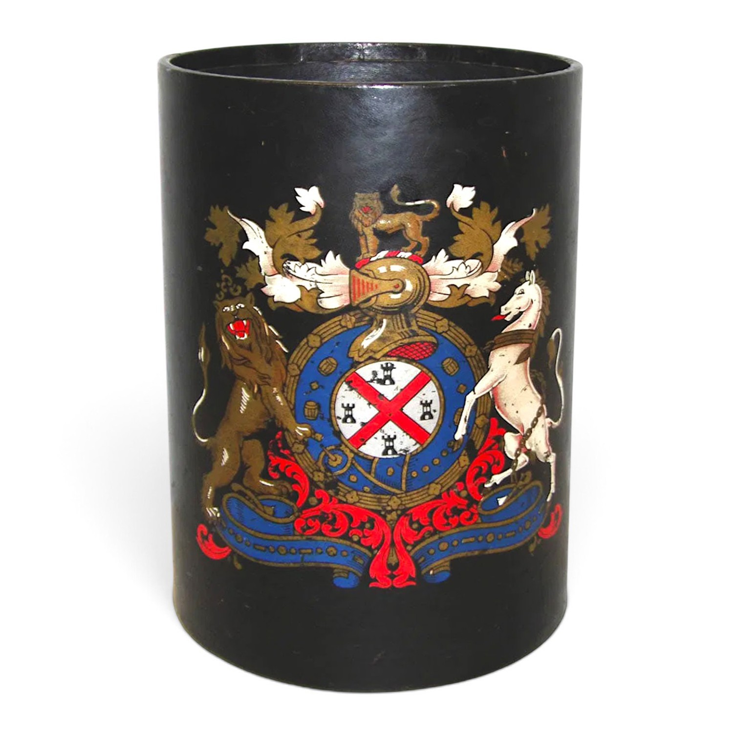 Vintage English Black Leather Wastebasket Heraldic Coat of Arms Study Library