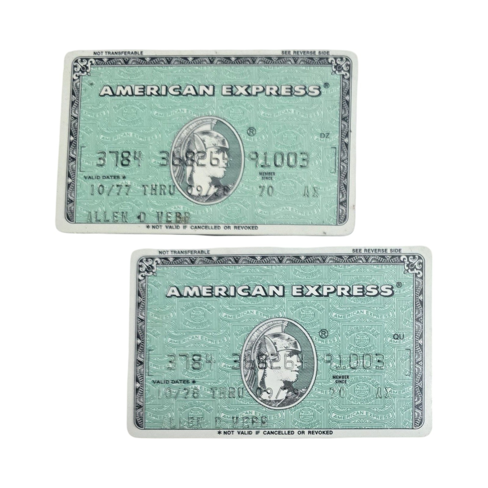 Vintage 1977 & 1978 American Express Green Card Expired Same Number