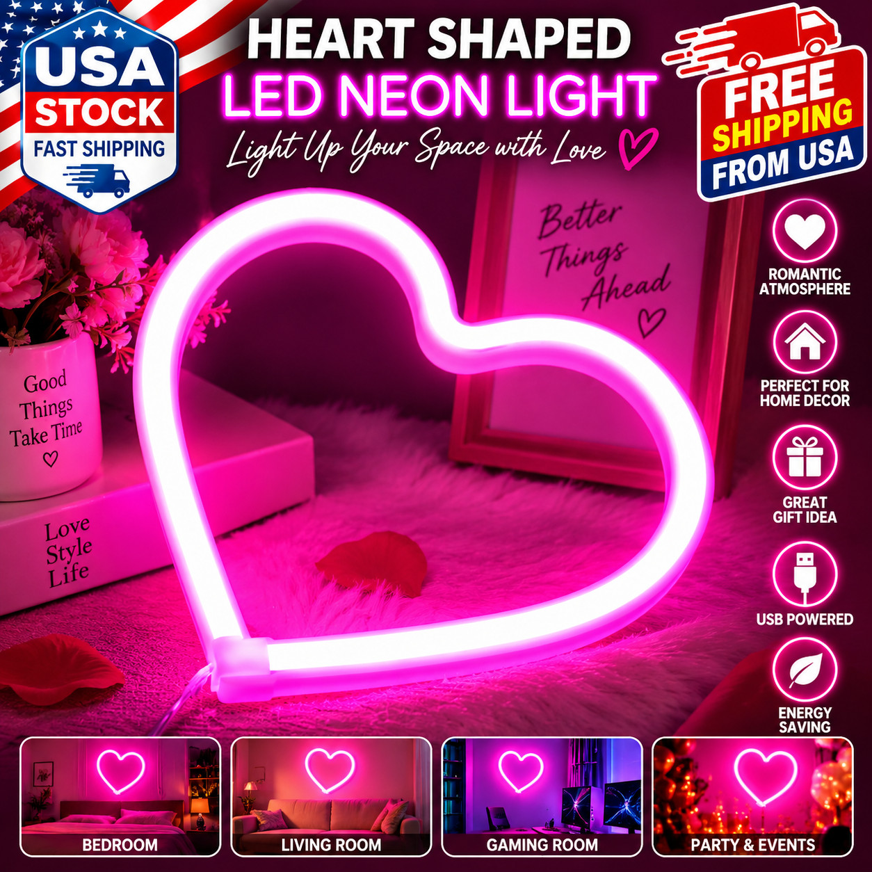 Pink Heart LED Neon Light Sign USB Battery Powered Wall Table Decor