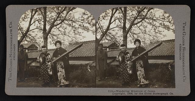 Photo:Japan 1906 Wandering Minstrels Musicians Women Stereograph