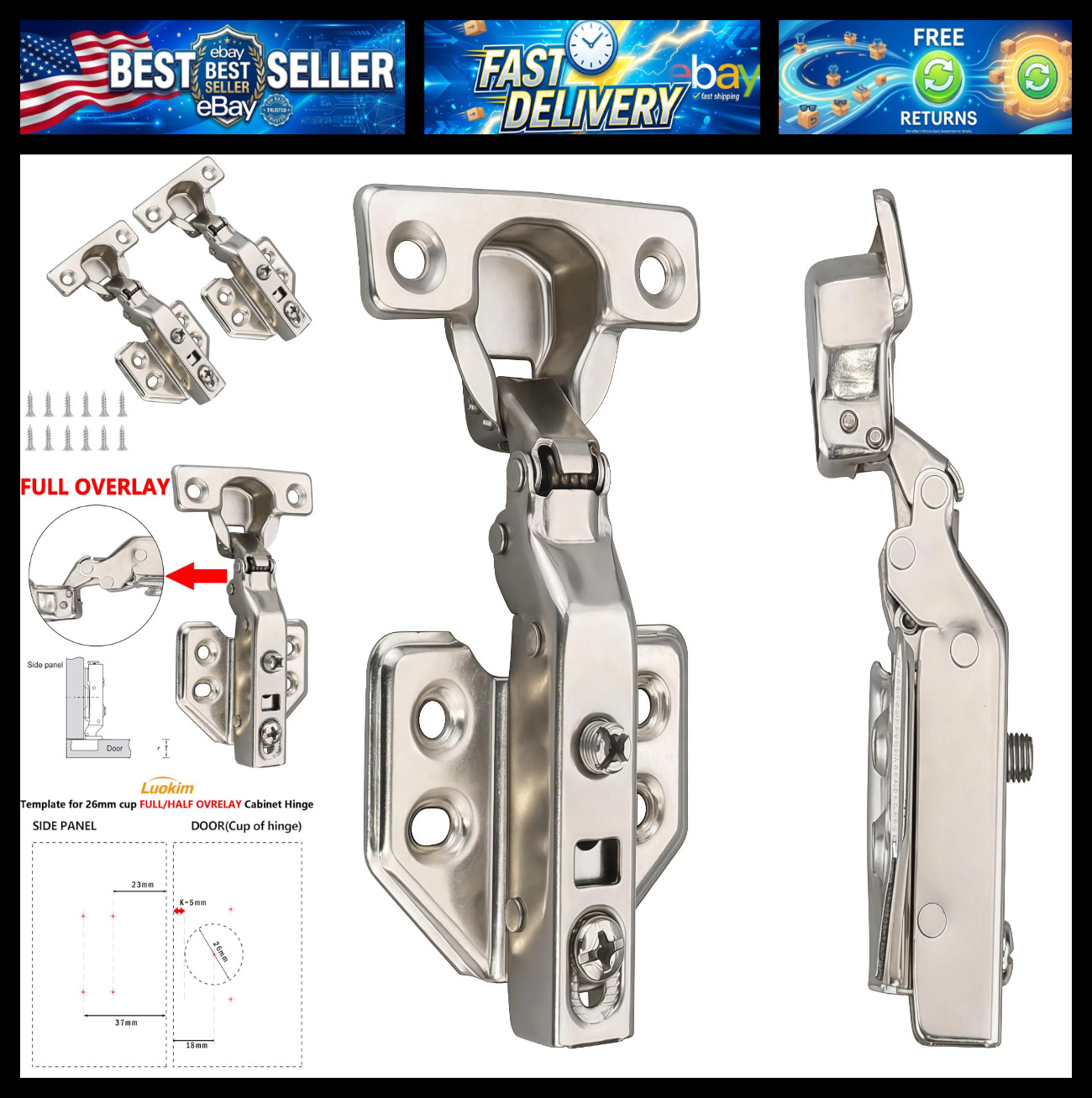 4-Pack Frameless Soft Close 26mm Cup Cabinet Hinges