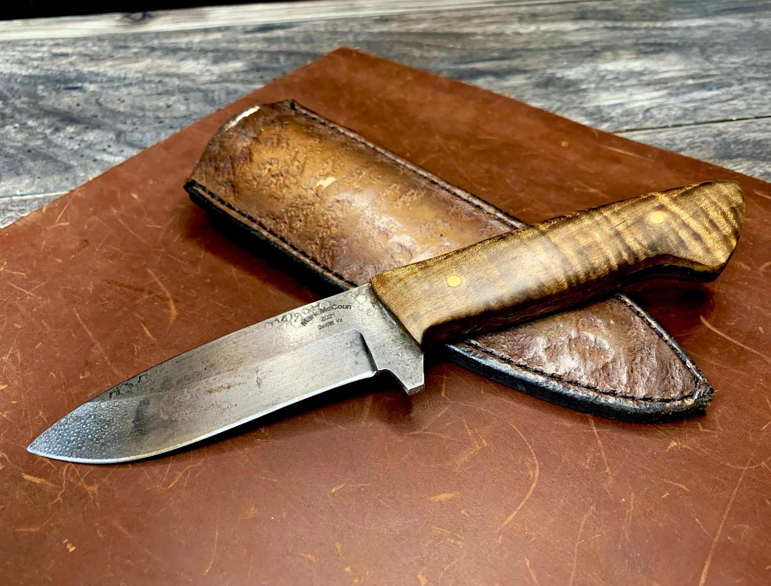 Mark McCoun Custom Handmade Fixed Blade Knife 4” Curly Maple Leather Sheath