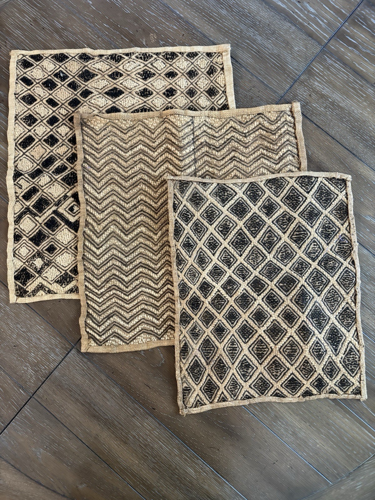 Authentic Vintage Hand-Woven “African Kuba Shoowa Cloth Panels-set Of “3”