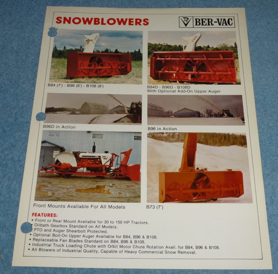 Vintage Ber-Vac Snowblowers for 30 to 150 HP Tractors Brochure Model Specs Sheet