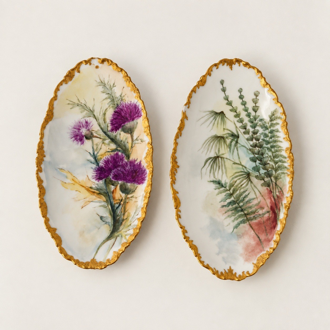 T&V Limoges Cottagecore Antique Botanical Porcelain Trinket Dish Set Gold Gilded