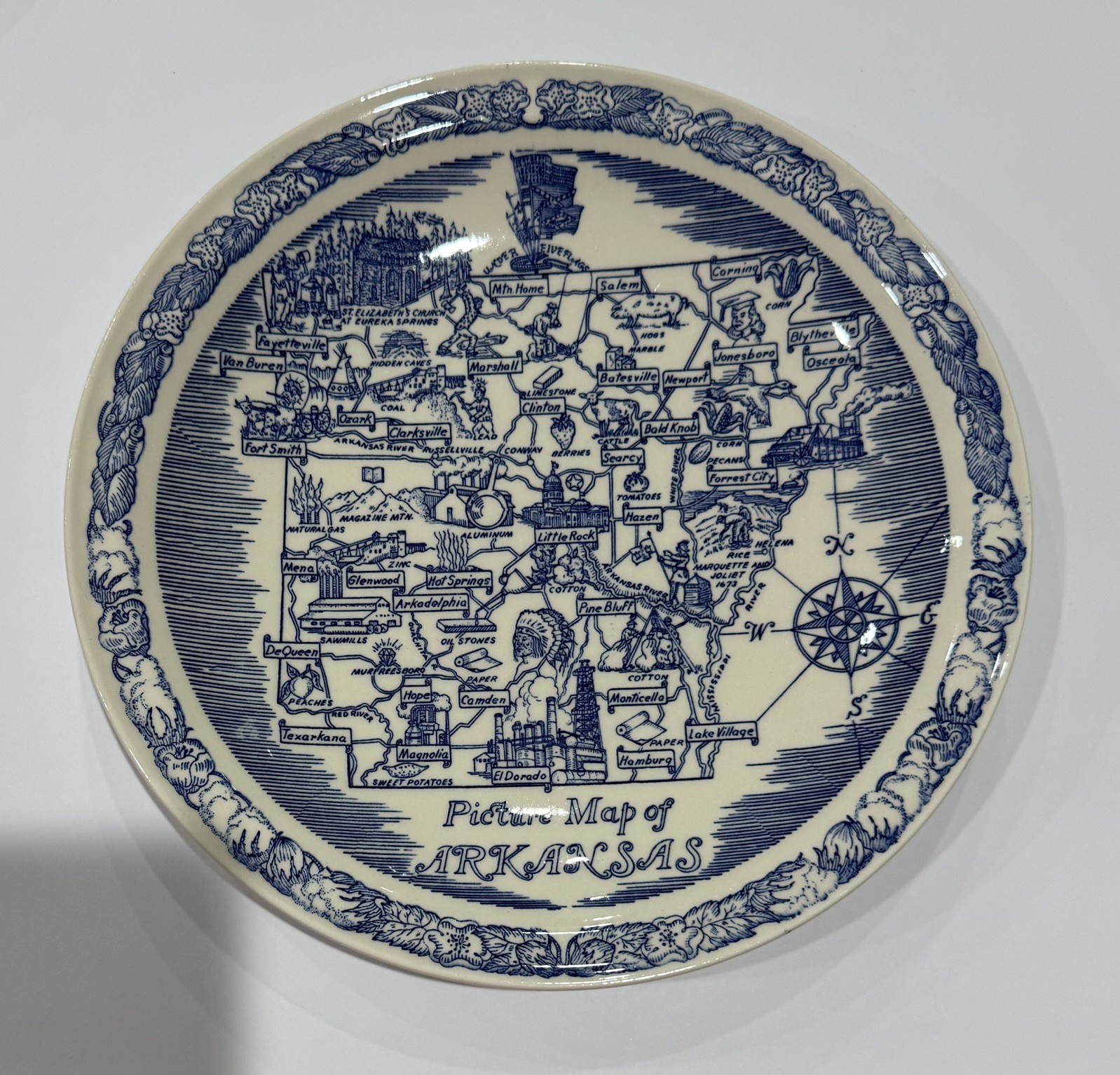 Vtg 50’s Blue Vernon Kilns Picture Map of Arkansas Souvenir Plate Made in USA