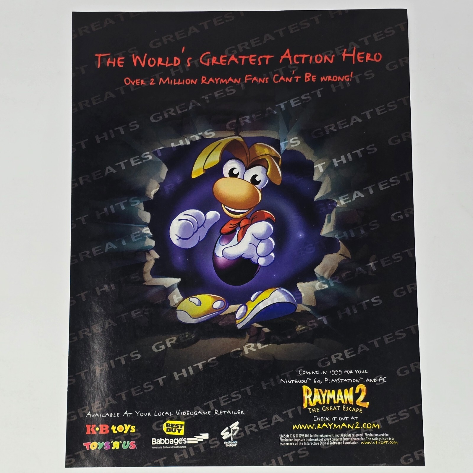Rayman 2 N64 PS1 PC Toys'R'Us K-B EB Games Action Hero Print Ad/Poster Promo Art