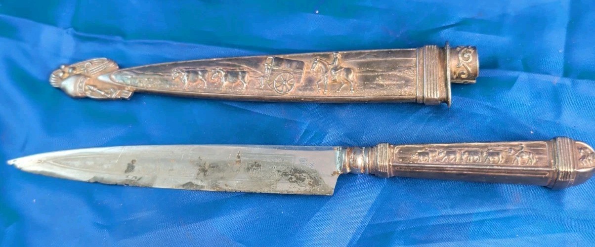 VINTAGE ELMO INOX GAUCHO COWBOY BOOT KNIFE W/ NICKEL SILVER SHEATH / SCABBARD