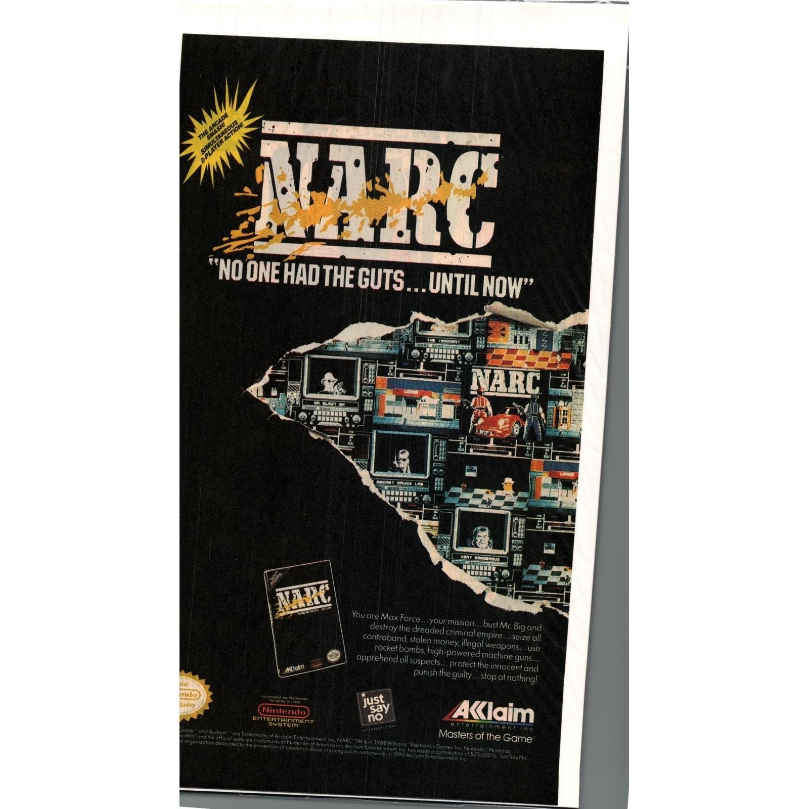 Vintage Printed Advert 1990 NARC Nintendo NES Video Game Acclaim Wall Art 10x6.5