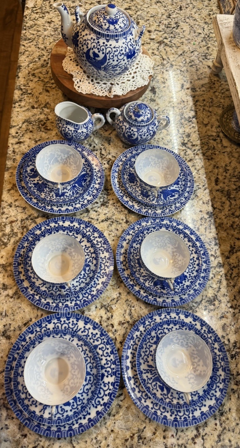 21 Set Of Antique Japanese blue & white phoenix tea & rice grain porcelain cups.