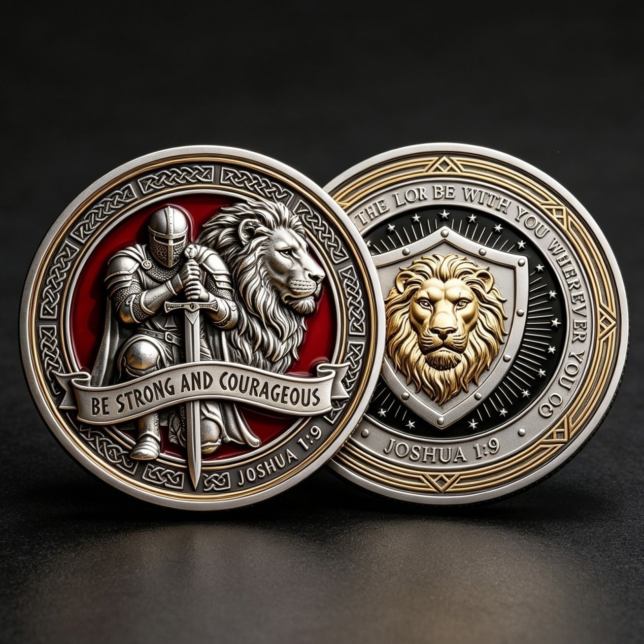 Joshua 1:9 Christian Challenge Coin Armor of God Lion Knight Bible Verse Gift