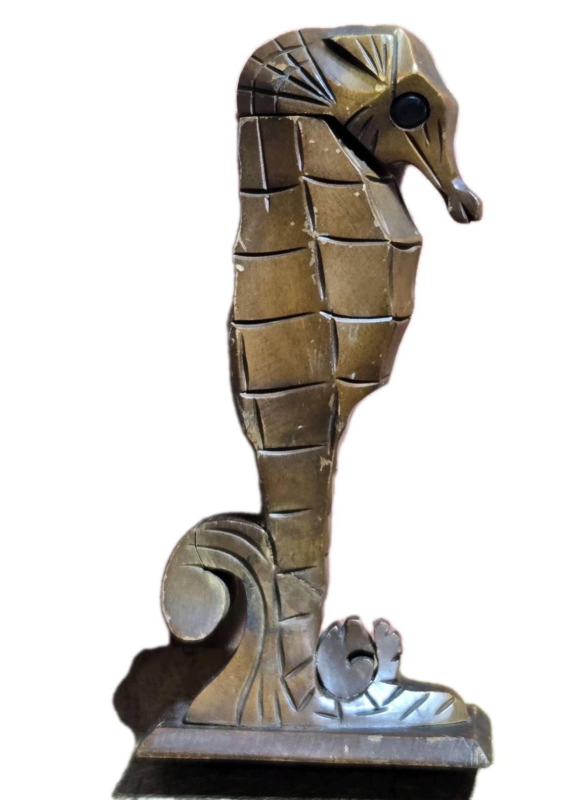 VTG Rustic Hand Carved Wood Seahorse Stash Box Marine Ocean Primitive READ