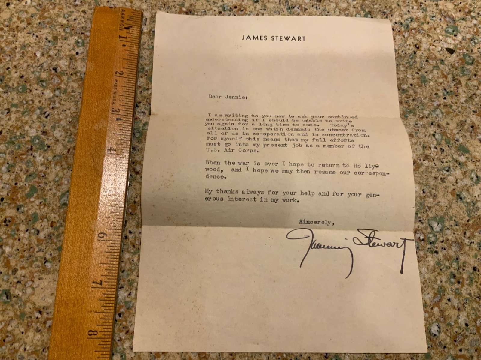 Vintage original hand  Signed Jimmy Stewart  Letter talking about going to war