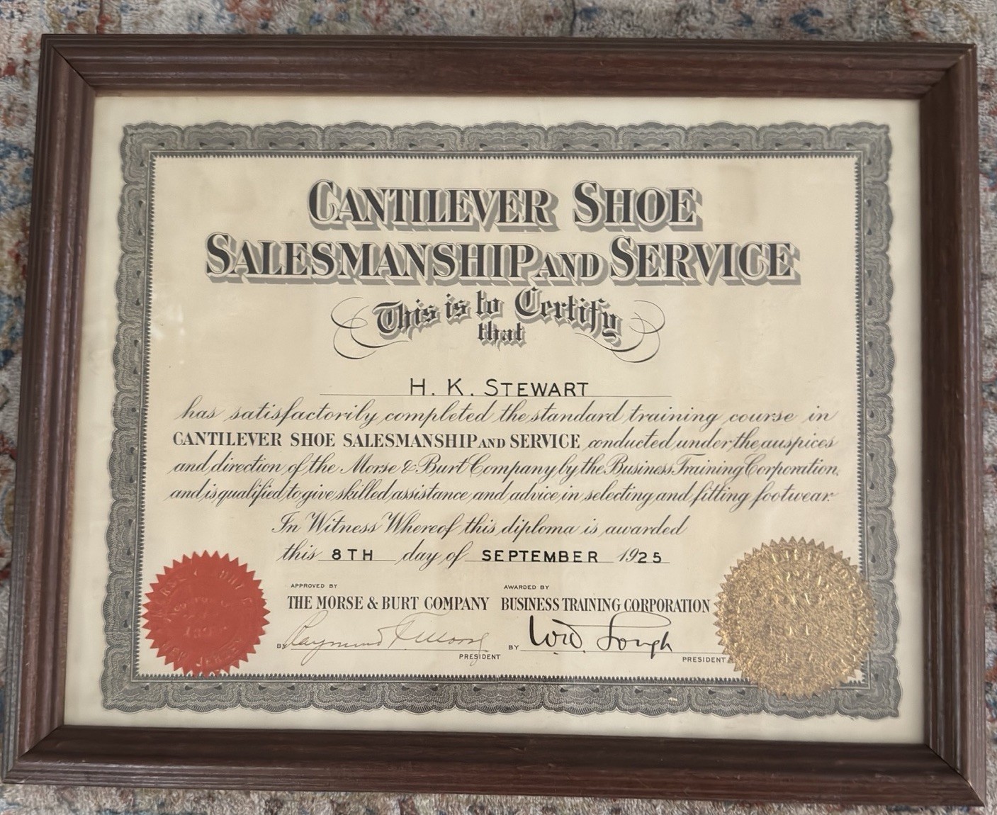 1925 Cantilever Shoe Salesmanship Certificate Diploma Antique Framed Wax Seal